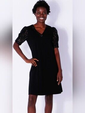 Black V-Neck Dress with Sequin Neckline & Sleeves